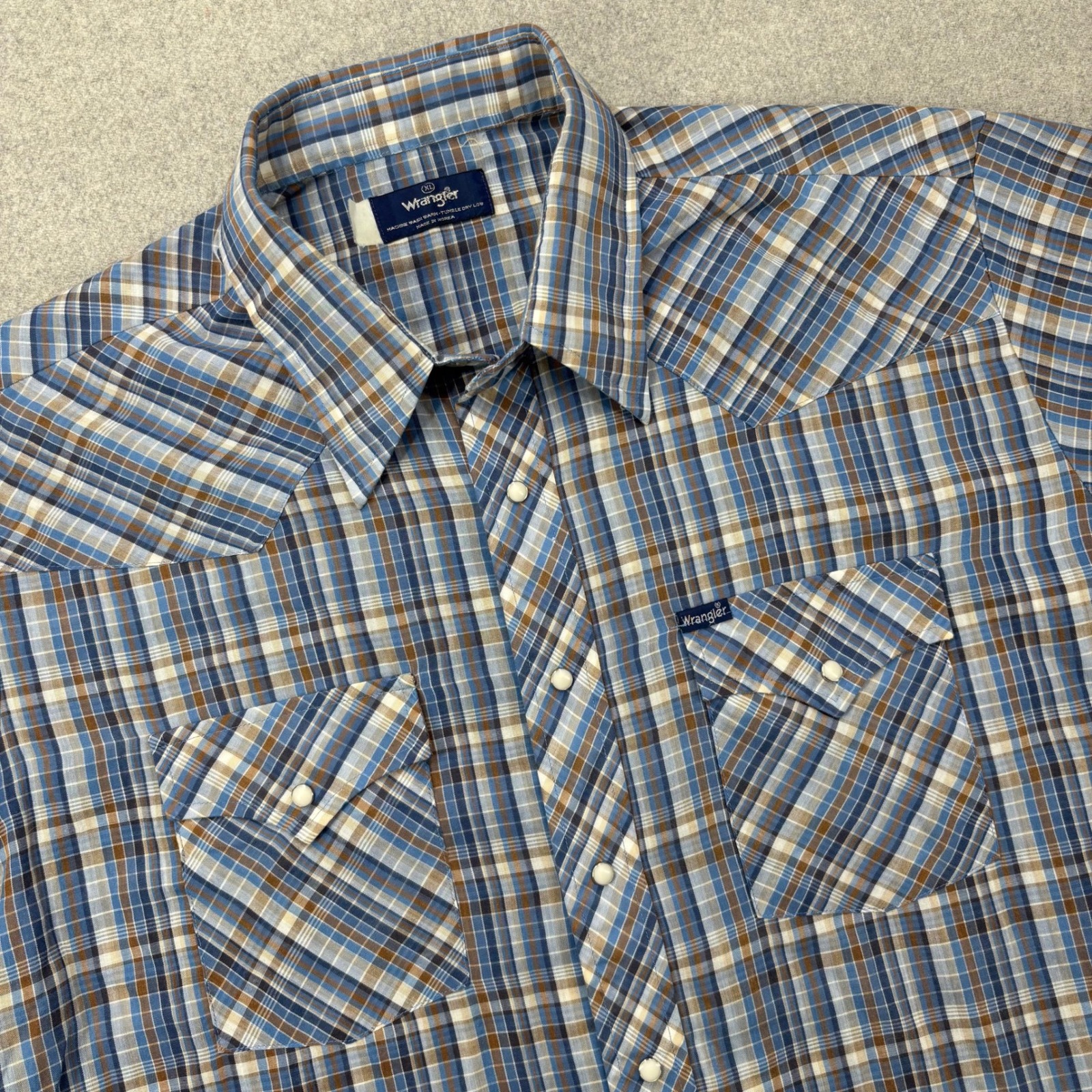 Vintage 80s Wrangler Pearl Snap Western Shirt Mens Xl Blue Plaid Short Sleeve